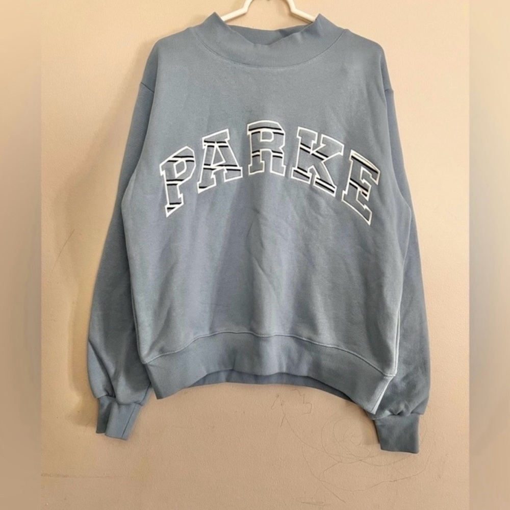 RARE Parke Maggie &Emma Heritage Varsity Mockneck Sweatshirt Sky Blue Size S/M - Picture 3 of 5